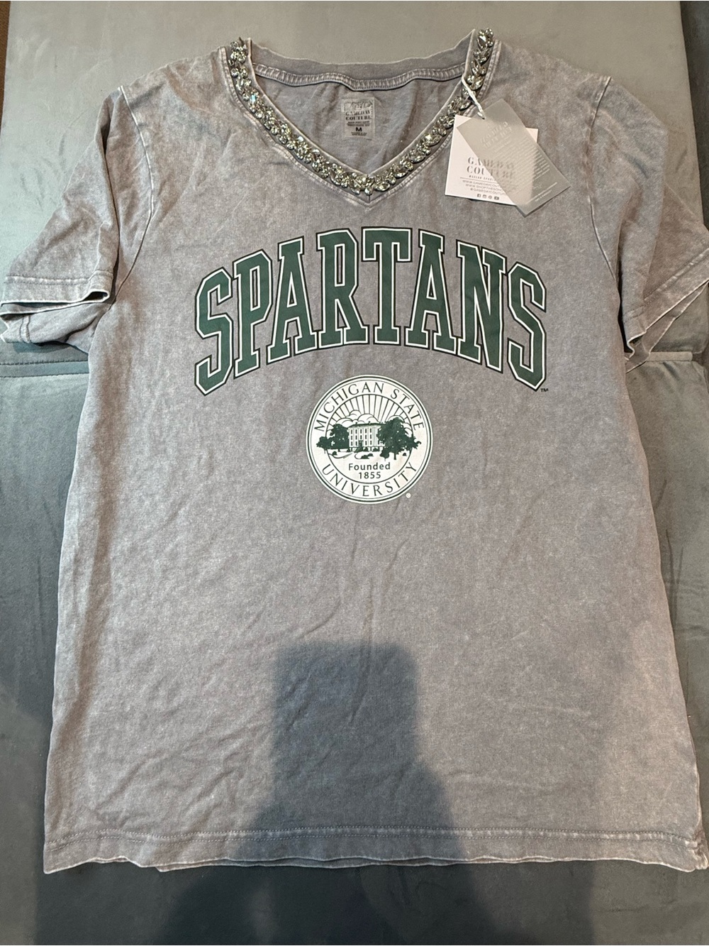 Michigan State Spartans Embellished V-Neck Tee - Gray/Green